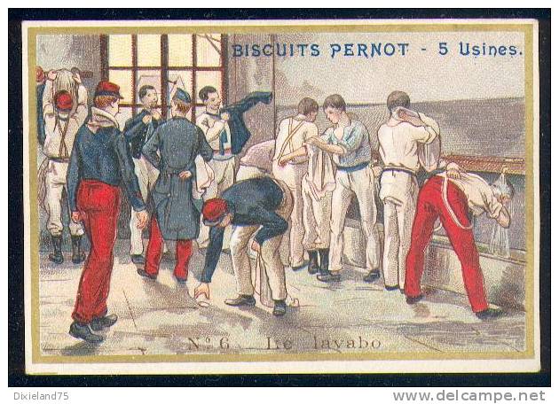 Chromo Bord Doré Biscuit Pernot Senorita 6/25 Lavabo Régiment Caserne Armée 1870 Militaria Soldat Militaire - Pernot