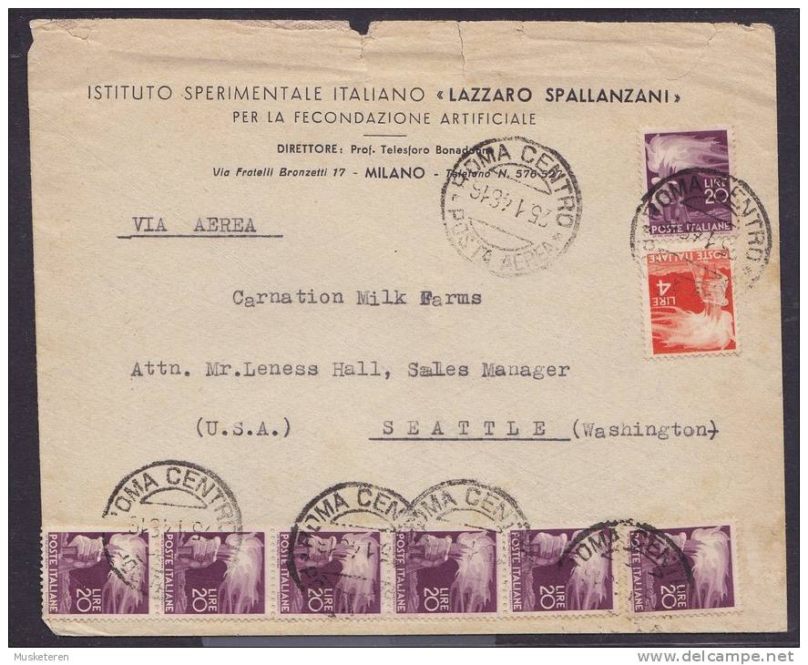 Italy Airmail Via Aerea LAZZARO SPALLANZANI Milano ROMA CENTRO 1948 Mult Franked Cover To SEATTLE USA - Poste Aérienne