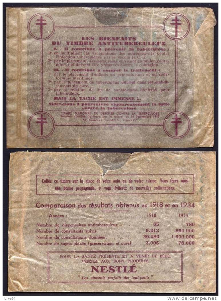 LOT 2 TIMBRES ANTITUBERCULEUX TRES GRANDS FORMATS AVEC POCHETTE D'ORIGINE- 5 FR. DE 1934 - 2 SCANS - Tuberkulose-Serien