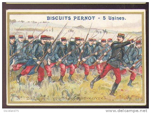 Chromo Bord Doré Biscuit Pernot Senorita 23/25 Les Grandes Manoeuvres Régiment Caserne Armée 1870 Militaria Soldat - Pernot