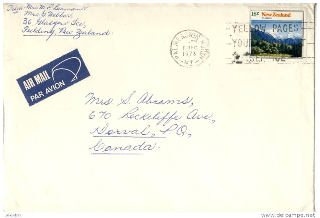 1973 New Zealand Cover With Mt. Septon Stamp - Airmail