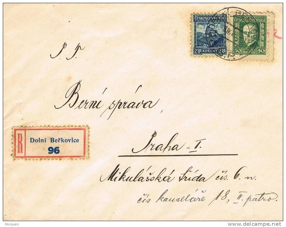 Carta Certificada DOLNI BERKOVICE (Checoslovaquia) 1926 - Brieven En Documenten