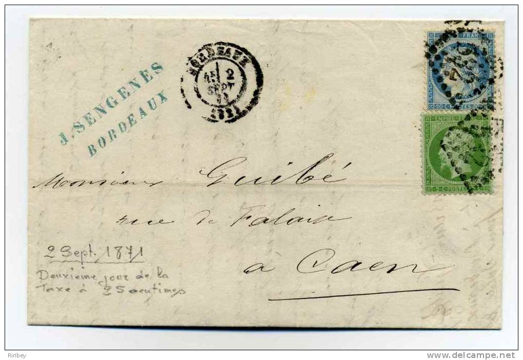 Affranchissement De Septembre 1871 - 2 Septembre 1871 (2ème Jour Du Tarif à 25c) - CAD BORDEAUX - Dept 32 De La Gironde - 1871-1875 Ceres