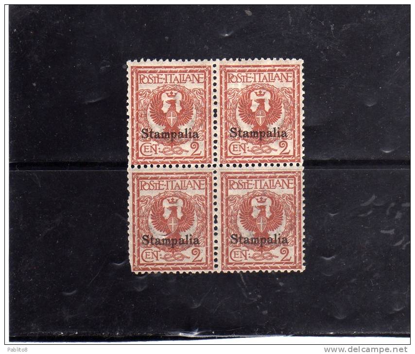 COLONIE ITALIANE EGEO 1912 STAMPALIA SOPRASTAMPATO D'ITALIA ITALY OVERPRINTED CENT. 2 CENTESIMI  MNH QUARTINA - Aegean (Stampalia)