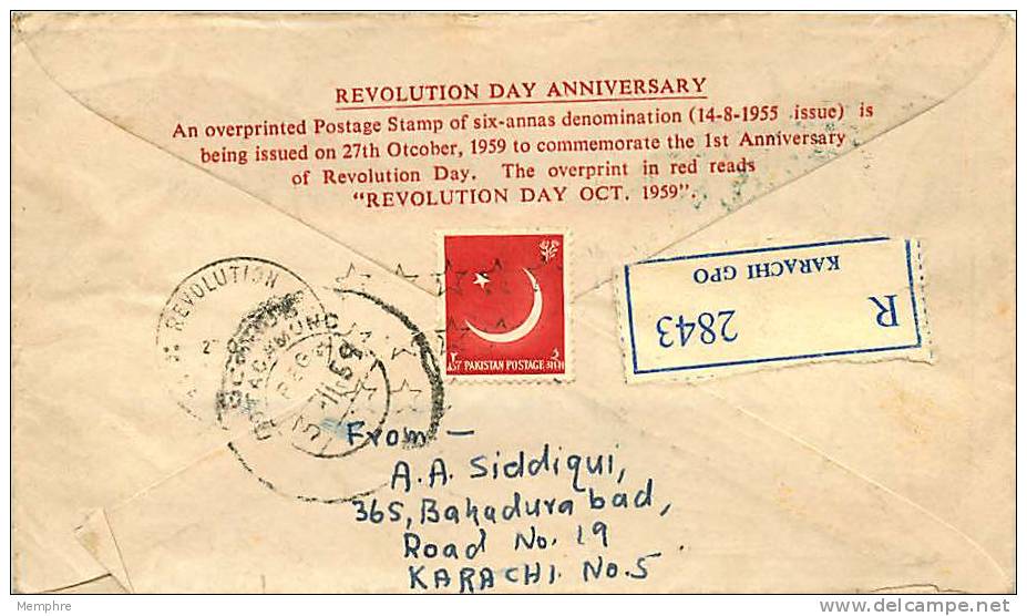 1959  Revolution Day  SG 103   Registered FDC - Pakistan