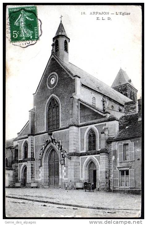 91 ARPAJON, L´Eglise Animée, Ed ELD -18-, Voyagé En 1908, 2 Petite Déchirures 3 Mm En Bas Et Pli Inf D - Arpajon