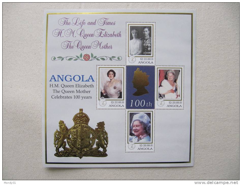 6-596 Queen Elizabeth Mother Celebrates 100 Years Reine Centenaire Bloc Mint Angola  Timbre Or Gaufré - Giorno Della Mamma