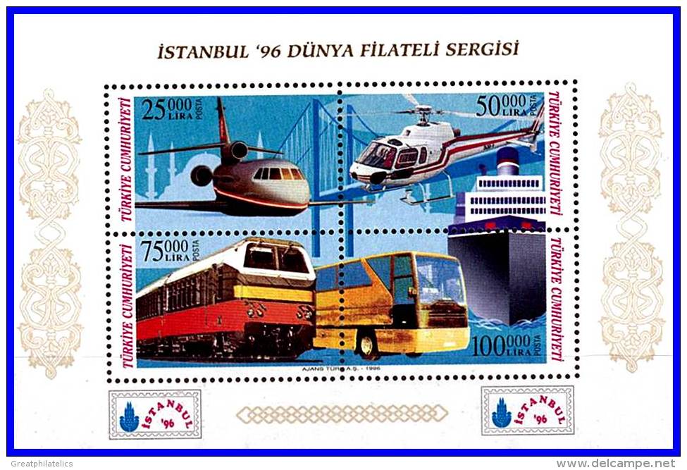 TURKEY 1996 TRANSPORT = PLANES, HELICOPTER TRAINS SHIP SCARCE S/S SC#2660 MNH (D02) - Unused Stamps