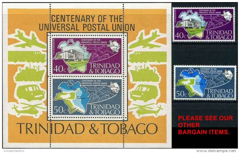 TRINIDAD & TOBAGO 1974 UPU + S/S VF MNH SC# 242-43A TRANSPORT (D0234) - Trinité & Tobago (1962-...)