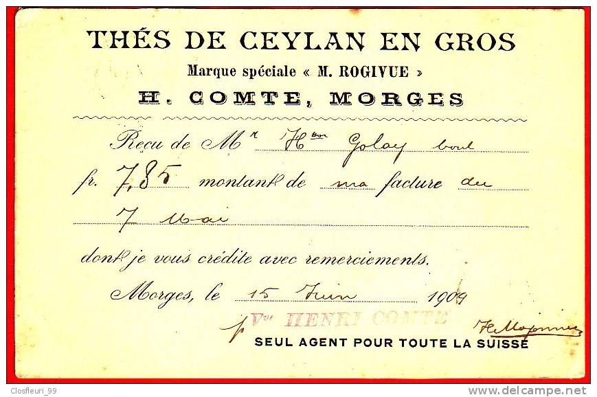 " Thés De Ceylan En Gros" Marque M. Rogivue, H. Comte, Morges Et Orient 16.VI.1909 - Alimentation