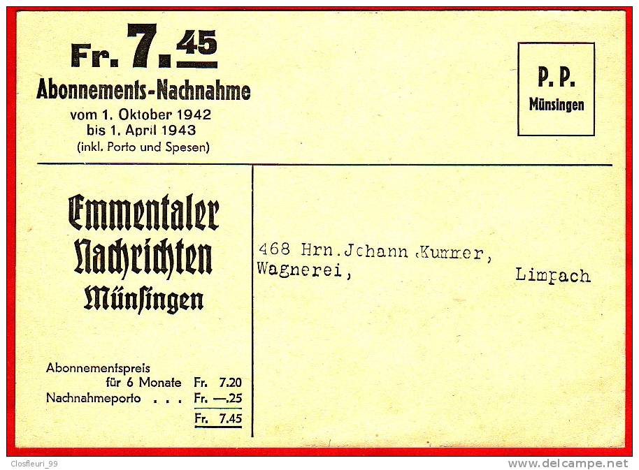 Emmentaler Nachrichten Münsingen / Nachnahme - 1942 - Limpach - Alimentation