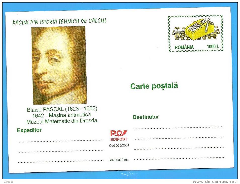 Machine Arithmetic, Blaise Pascal, Mathematics Museum In Dresden ROMANIA Postal Stationery Postcard 2001 - Informatique
