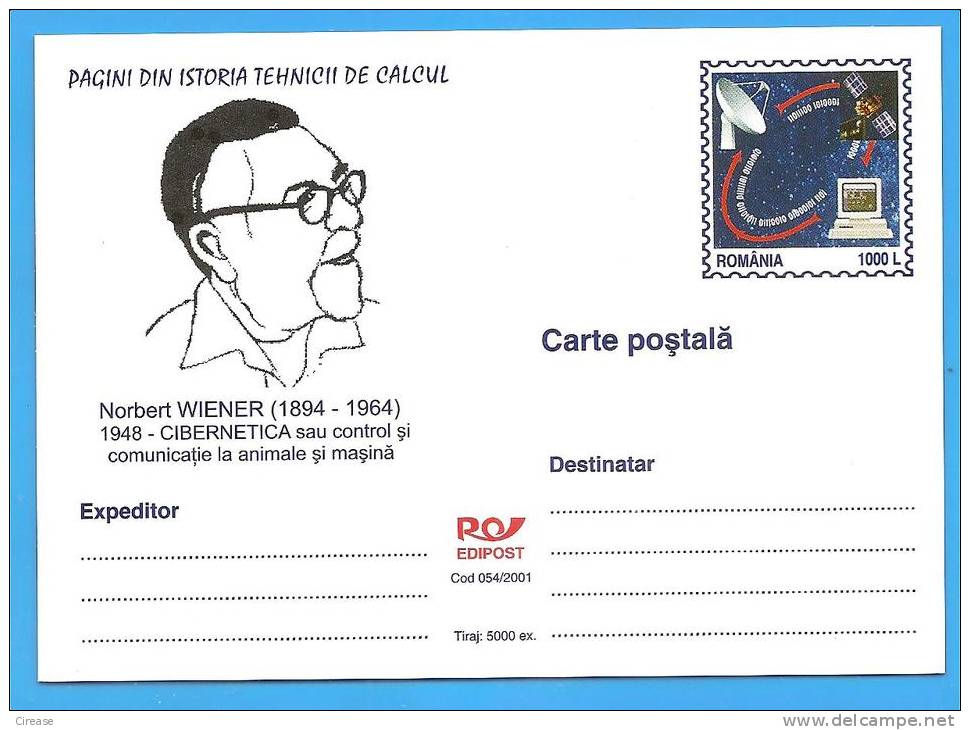 Computer History PC, IT, Norbert Wiener, Cybernetics. ROMANIA Postal Stationery Postcard 2001 - Informatique