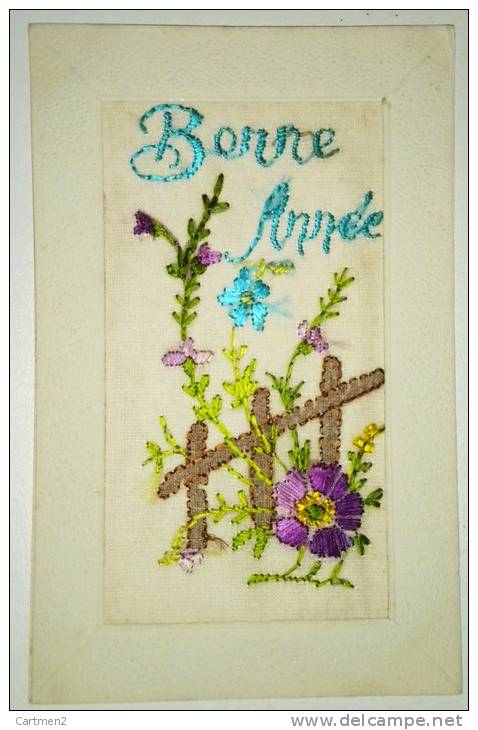 CARTE BRODEE : BONNEE ANNEE FLEURS - Neujahr