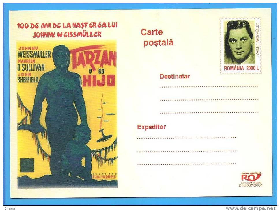 Cinema, Actor Johnny Weissmuller Tarzan ROMANIA Postal Stationery Postcard 2004 - Cinema