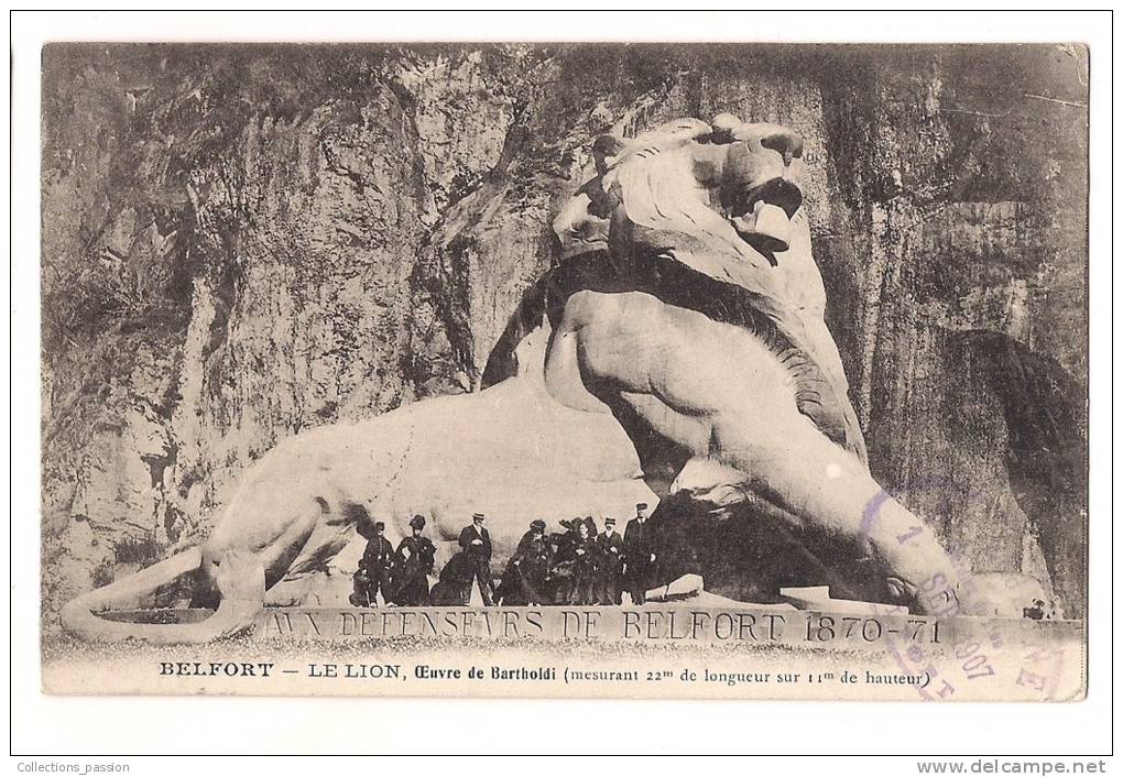 CP, 90, Belfort, Le Lion, Oeuvre De Bartholdi (22m De Long Sur 11m De Haut, 1907, Voyagée - Belfort – Le Lion