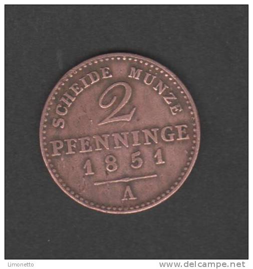 Allemagne - Prusse - 1851 A  En Cuivre 2 Pfennig- World N°KM =452   Bon état - Petites Monnaies & Autres Subdivisions