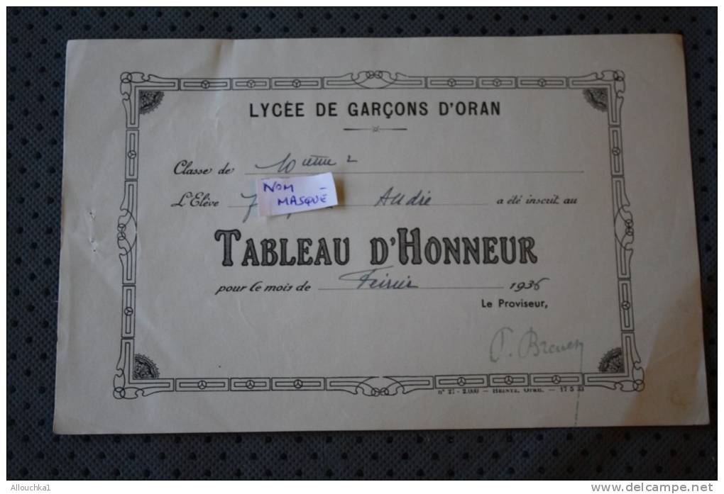 RECOMPENSE TABLEAU D'HONNEUR DU LYCEE DE GARCON D'ORAN ALGERIE EX COLONIE FRANCAISE  AU MOIS FEVRIER   1936 &gt;THEME EC - Other & Unclassified