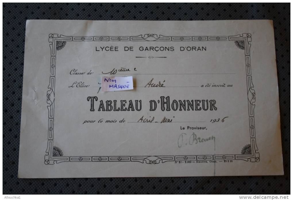 RECOMPENSE TABLEAU D'HONNEUR DU LYCEE DE GARCON D'ORAN ALGERIE EX COLONIE FRANCAISE AU MOIS AVRIL/MAI 1936 &gt;THEME ECO - Autres & Non Classés