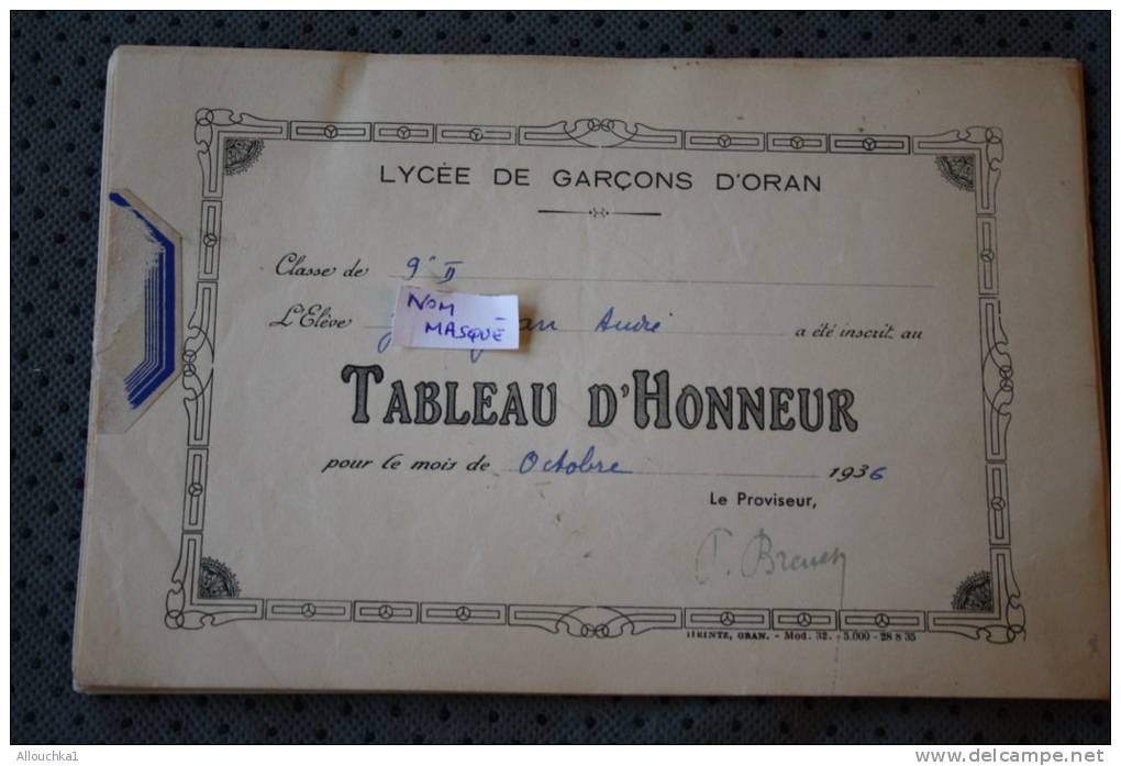 RECOMPENSE TABLEAU D'HONNEUR DU LYCEE DE GARCON D'ORAN ALGERIE EX COLONIE FRANCAISE MOIS DE OCTOBRE  1936 &gt;THEME ECOL - Altri & Non Classificati