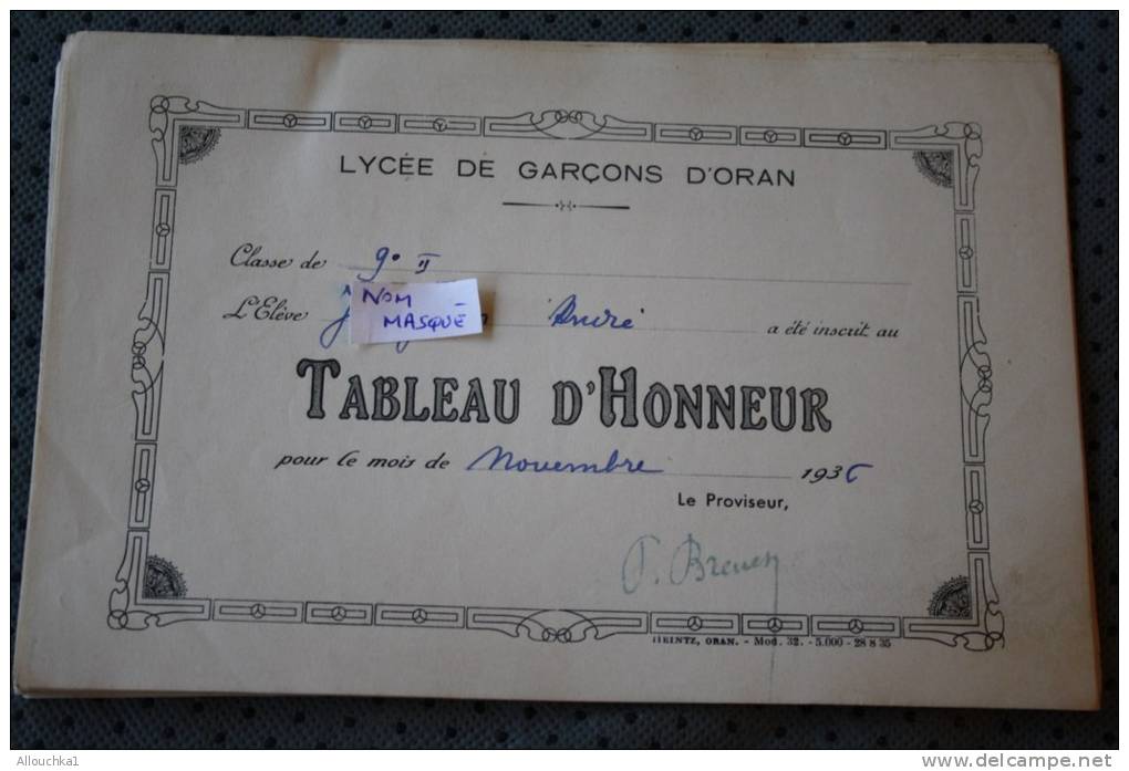 RECOMPENSE TABLEAU D'HONNEUR DU LYCEE DE GARCON D'ORAN ALGERIE EX COLONIE FRANCAISE MOIS DE NOVEMBRE   1936 &gt;THEME EC - Sonstige & Ohne Zuordnung