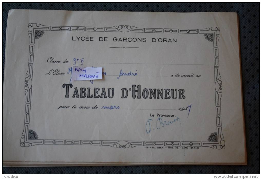 RECOMPENSE TABLEAU D'HONNEUR DU LYCEE DE GARCON D'ORAN ALGERIE EX COLONIE FRANCAISE MOIS DE MARS 1937 &gt;THEME ECOLE - Altri & Non Classificati