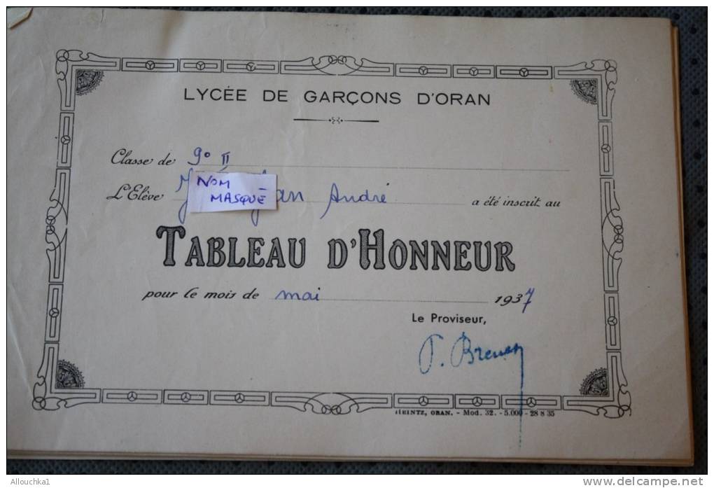 RECOMPENSE TABLEAU D'HONNEUR DU LYCEE DE GARCON D'ORAN ALGERIE EX COLONIE FRANCAISE MOIS DE MAI 1937 &gt;THEME ECOLE - Autres & Non Classés