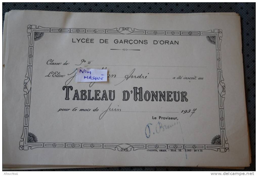 RECOMPENSE TABLEAU D'HONNEUR DU LYCEE DE GARCON D'ORAN ALGERIE EX COLONIE FRANCAISE MOIS DE JUIN 1937 &gt;THEME ECOLE - Andere & Zonder Classificatie