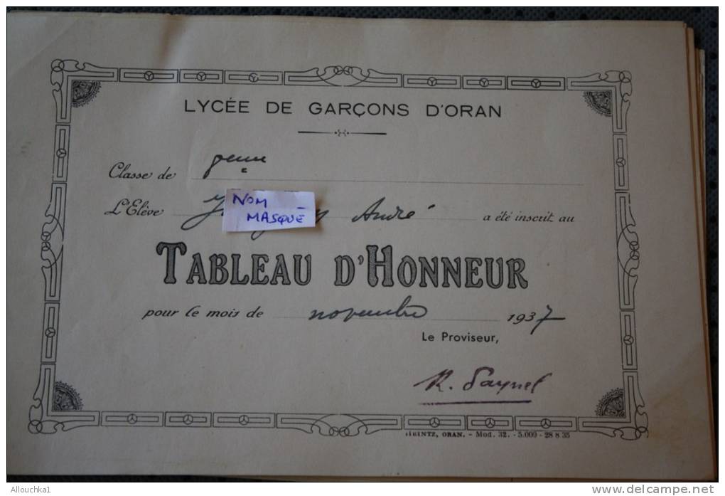 RECOMPENSE TABLEAU D'HONNEUR DU LYCEE DE GARCON D'ORAN ALGERIE EX COLONIE FRANCAISE MOIS DE NOVEMBRE  1937 &gt;THEME ECO - Other & Unclassified
