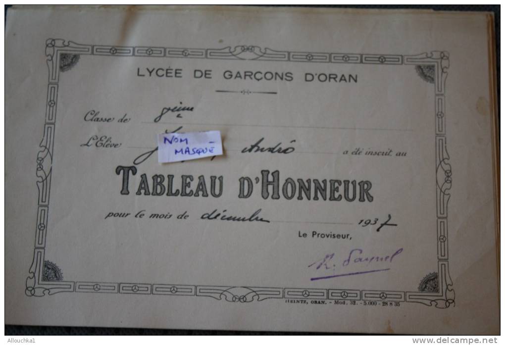 RECOMPENSE TABLEAU D'HONNEUR DU LYCEE DE GARCON D'ORAN ALGERIE EX COLONIE FRANCAISE MOIS DE  DECEMBRE  1937 &gt;THEME EC - Autres & Non Classés