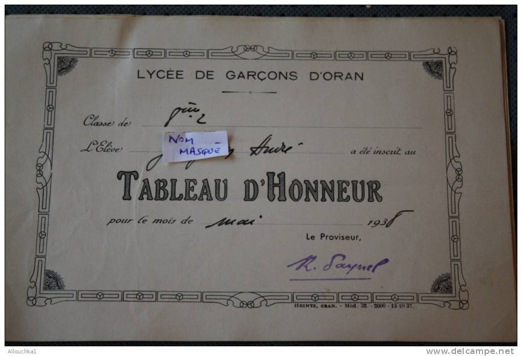 RECOMPENSE TABLEAU D'HONNEUR DU LYCEE DE GARCON D'ORAN ALGERIE EX COLONIE FRANCAISE MOIS DE  MAI 1938 &gt;THEME ECOLE - Sonstige & Ohne Zuordnung