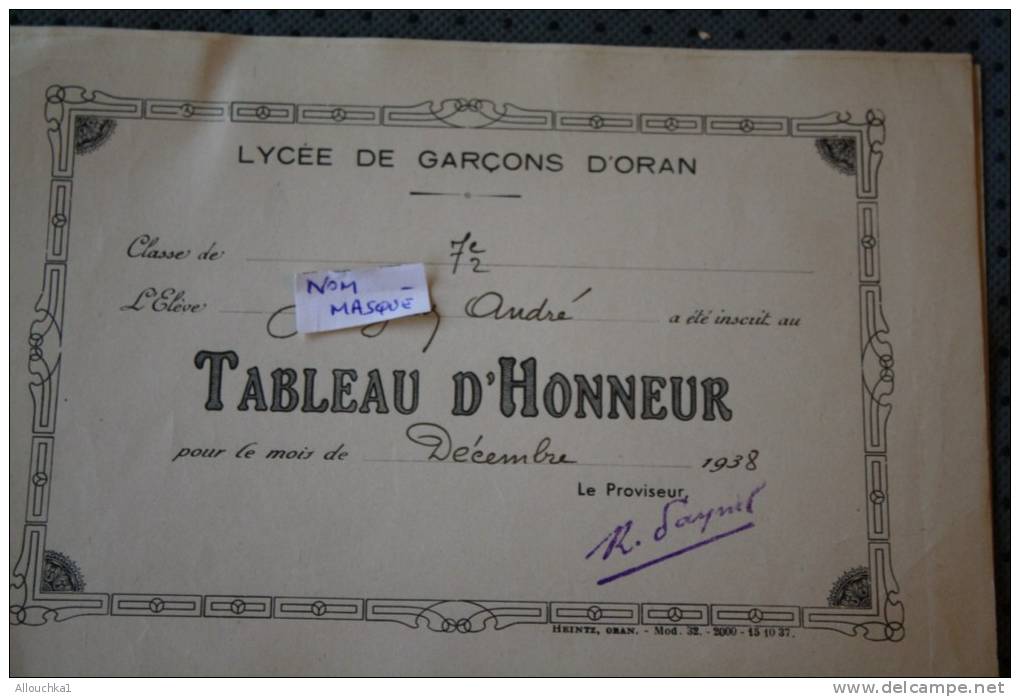 RECOMPENSE TABLEAU D'HONNEUR DU LYCEE DE GARCON D'ORAN ALGERIE EX COLONIE FRANCAISE MOIS DE  DECEMBRE 1938 &gt;THEME ECO - Sonstige & Ohne Zuordnung