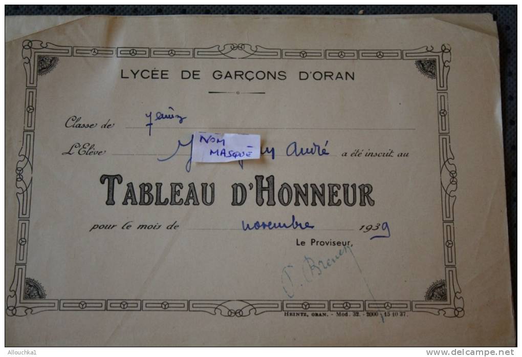 RECOMPENSE TABLEAU D'HONNEUR DU LYCEE DE GARCON D'ORAN ALGERIE EX COLONIE FRANCAISE MOIS DE NOVEMBRE  1939 &gt;THEME ECO - Autres & Non Classés