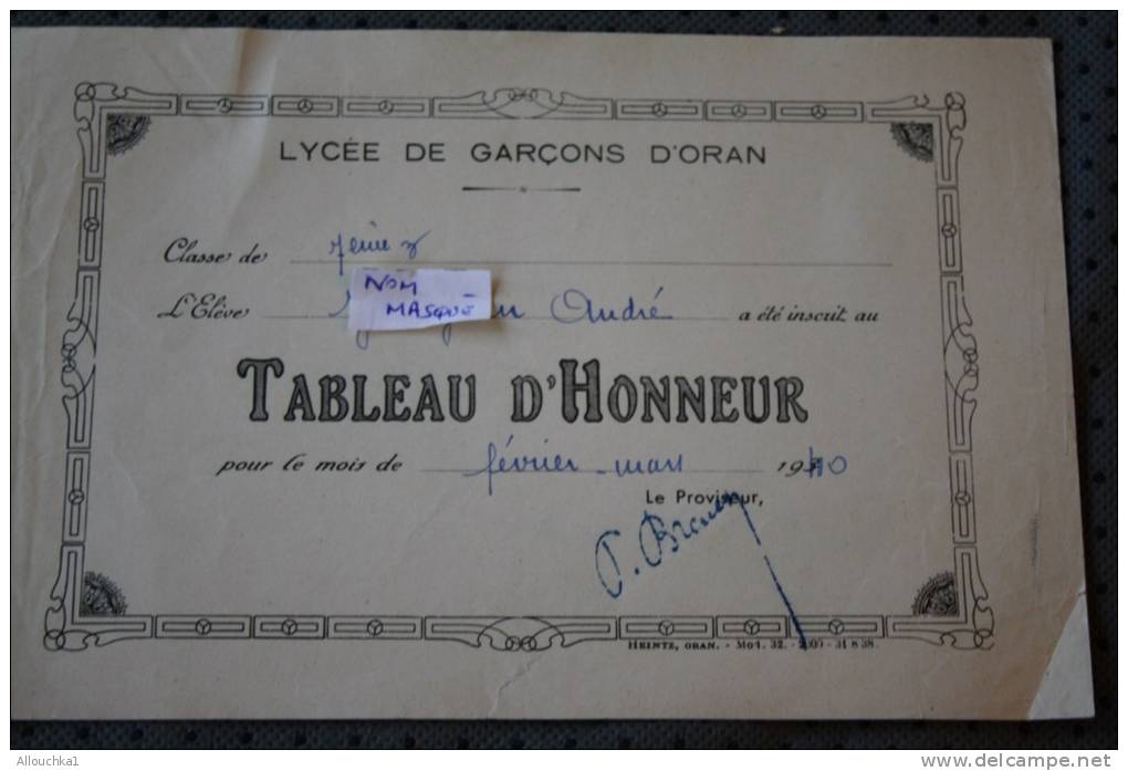 RECOMPENSE TABLEAU D'HONNEUR DU LYCEE DE GARCON D'ORAN ALGERIE EX COLONIE FRANCAISE MOIS DE FEV/MARS  1940 &gt;THEME ECO - Autres & Non Classés