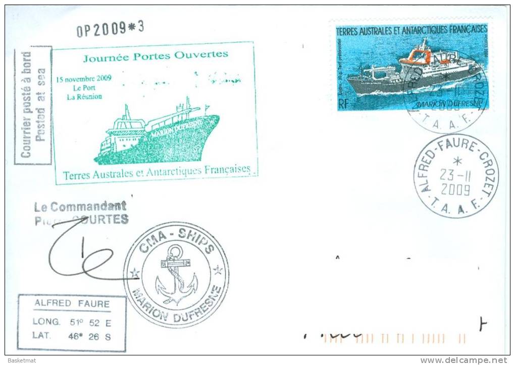 TAAF ENV ALFRED FAURE CR0ZET 23/11/2009 CACHET PORTES OUVERTES MARION DUFRESNE - Lettres & Documents