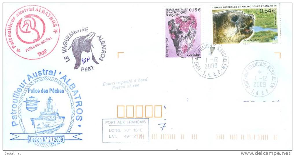 TAAF ENV PORT AUX FRANCAIS KERGUELEN 1/12/2009 CACHET PATROUILLEUR ALBATROS - Storia Postale