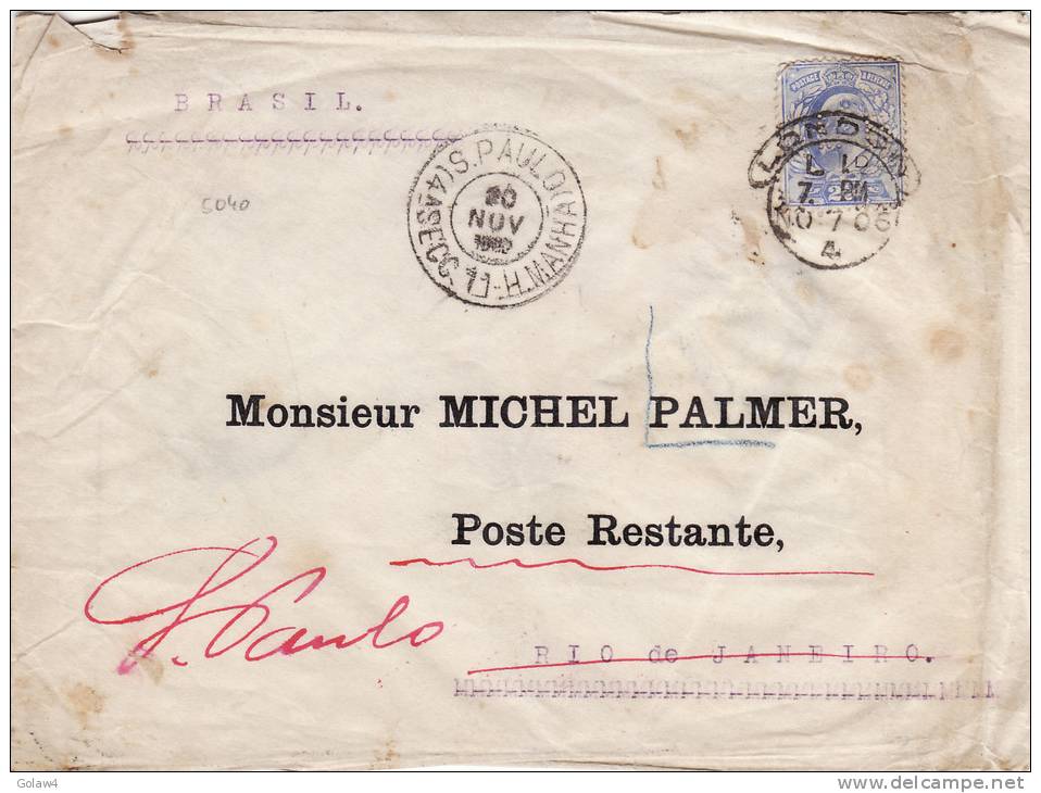 5040# UK EDWARD VII PERFIN PERFORE LB / LETTRE Obl LONDON 1906 Pour RIO DE JANEIRO - SAO PAULO BRESIL BRASIL - Covers & Documents