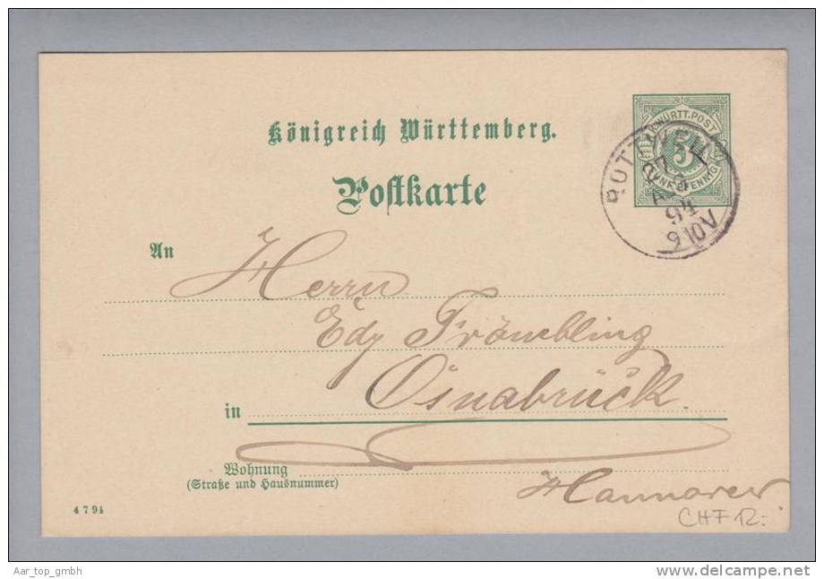 Heimat De BW Rottweil 1894-08-27 Auf GS 5 Pfennig Nach Osnabrück - Ganzsachen