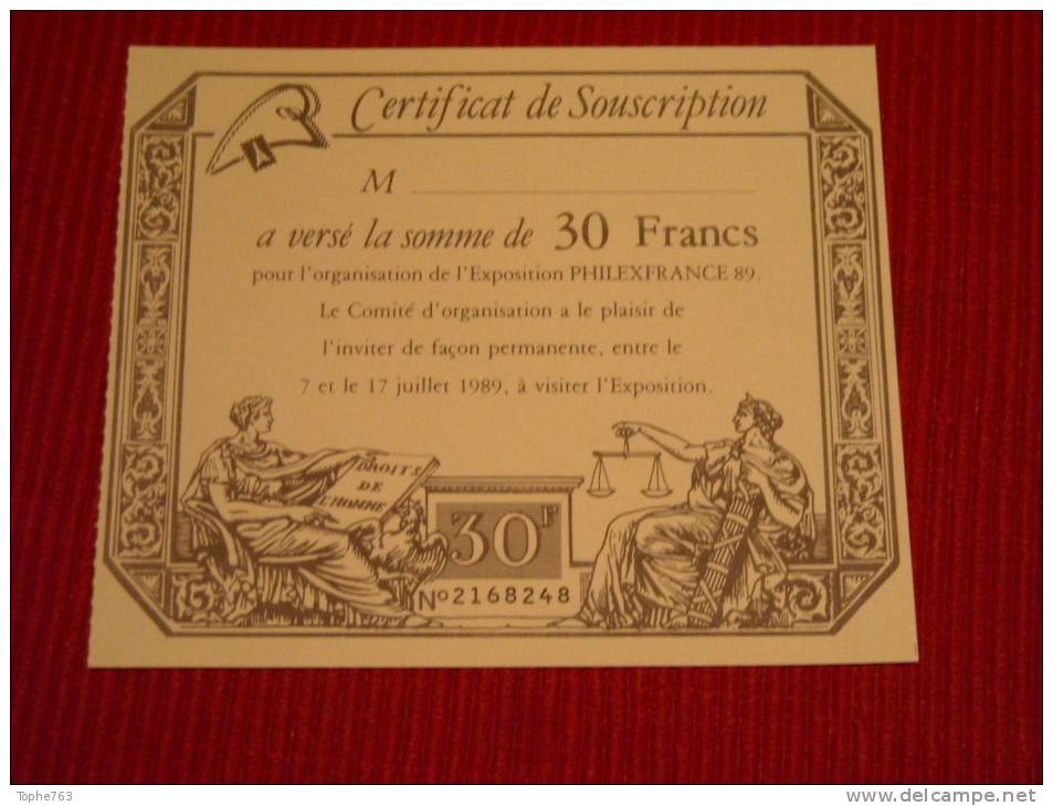 France 1989 Certificat De Souscription Pour Philexfrance Paris - Documentos Del Correo