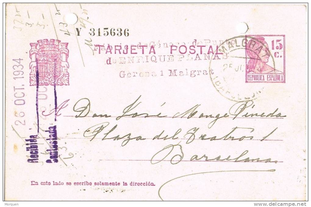 Entero Postal MALGRAT (Barcelona) 1934. Republica - 1931-....