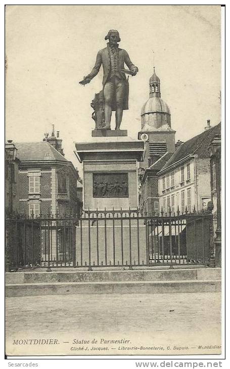 MONTDIDIER - STATUE DE PARMENTIER, CLICHÉ J. JACQUES  - LIBRAIRIE-BONNETERIE, C. DUPUIS - Montdidier