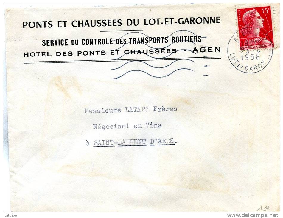 Enveloppe Timbrée Des Ponts Et Chaussées De Agen 47 Adressée A Mr Latapy A St Laurent D'Arce 33 - Autres & Non Classés