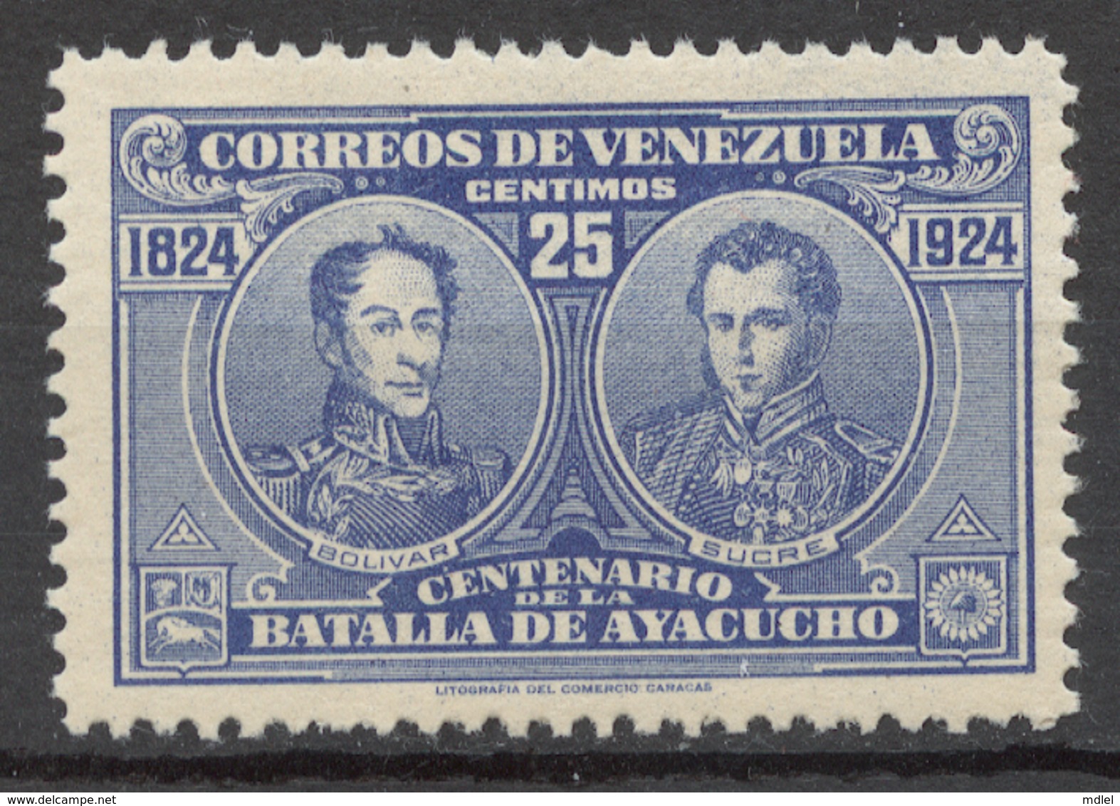 Venezuela 1924 Mi# 116** BOLIVAR AND SUCRE, CENTENARY OF THE BATTLE OF AYACUCHO - Venezuela