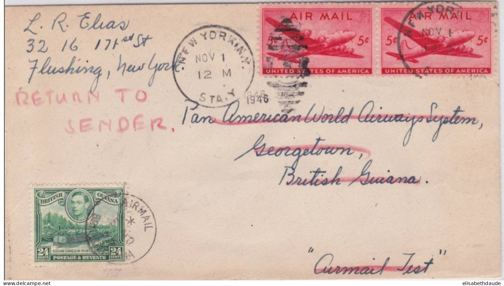 GUYANE BRITANNIQUE + USA -1946 - AFFRANCHISSEMENT MIXTE ENVELOPPE POSTE AERIENNE "AIRMAIL TEST" De NEW YORK à GEORGETOWN - Guyana Britannica (...-1966)