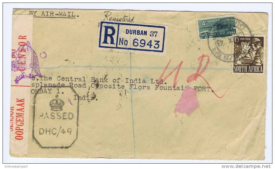 South Africa: Registered Cover From Durban Natal To Bombay India 1943, Sensor Opened - Autres & Non Classés