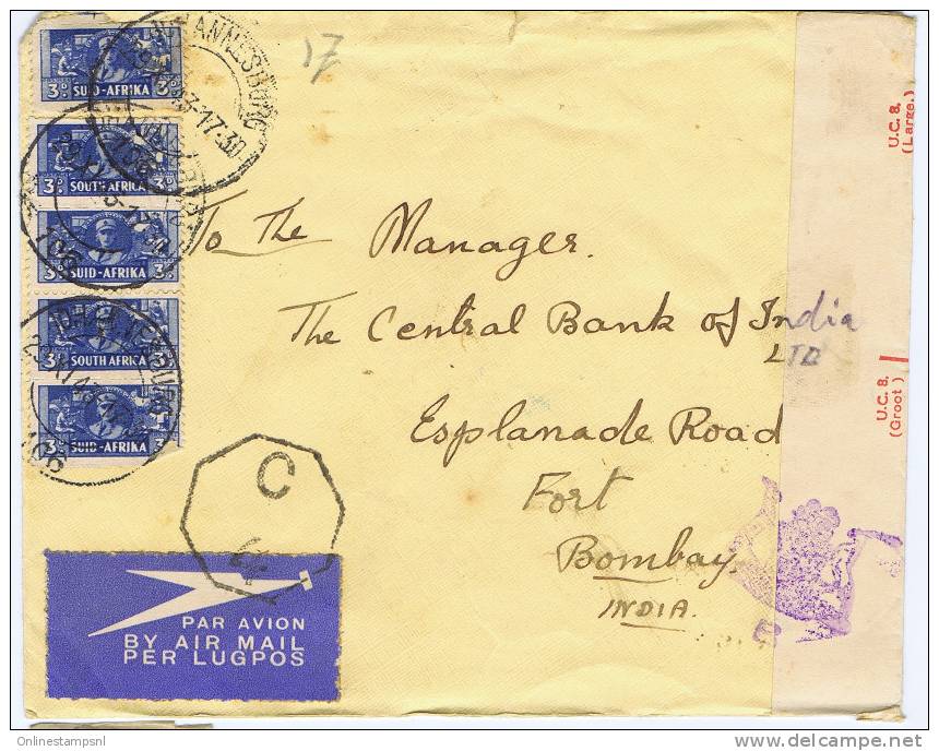 South Africa : Airmail Cover Johannesburg-&gt; Bombay India Strip Of 5x 3p, Censor Opened - Autres & Non Classés