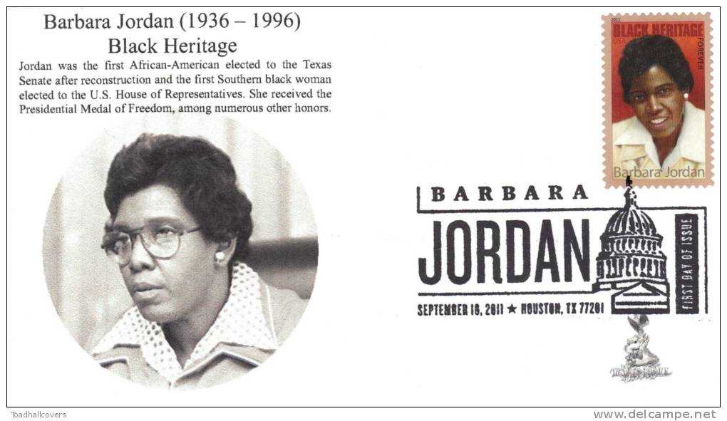 Barbara Jordan (Black Heritage Series) First Day Cover, W/ B&w Pictorial Cancel, From Toad Hall Covers! - 2011-...