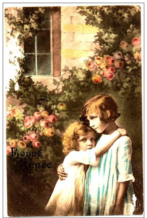 Two Girls Hand Colored Bonne Annee Happy New Year - Anno Nuovo