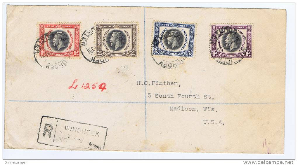 South West Africa: Registered Cover From Windhoek->Madison, Wis. USA, 1935 M 168-171 SG 88/91, Slightly Coloured Roun - South West Africa (1923-1990)