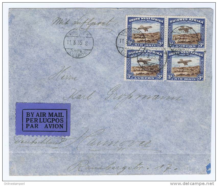 South West Africa: Airmail Cover 1935 Windhoek-> Hannover Germany, Block Of 4 Michel 164+165, Uneven Perforations - South West Africa (1923-1990)